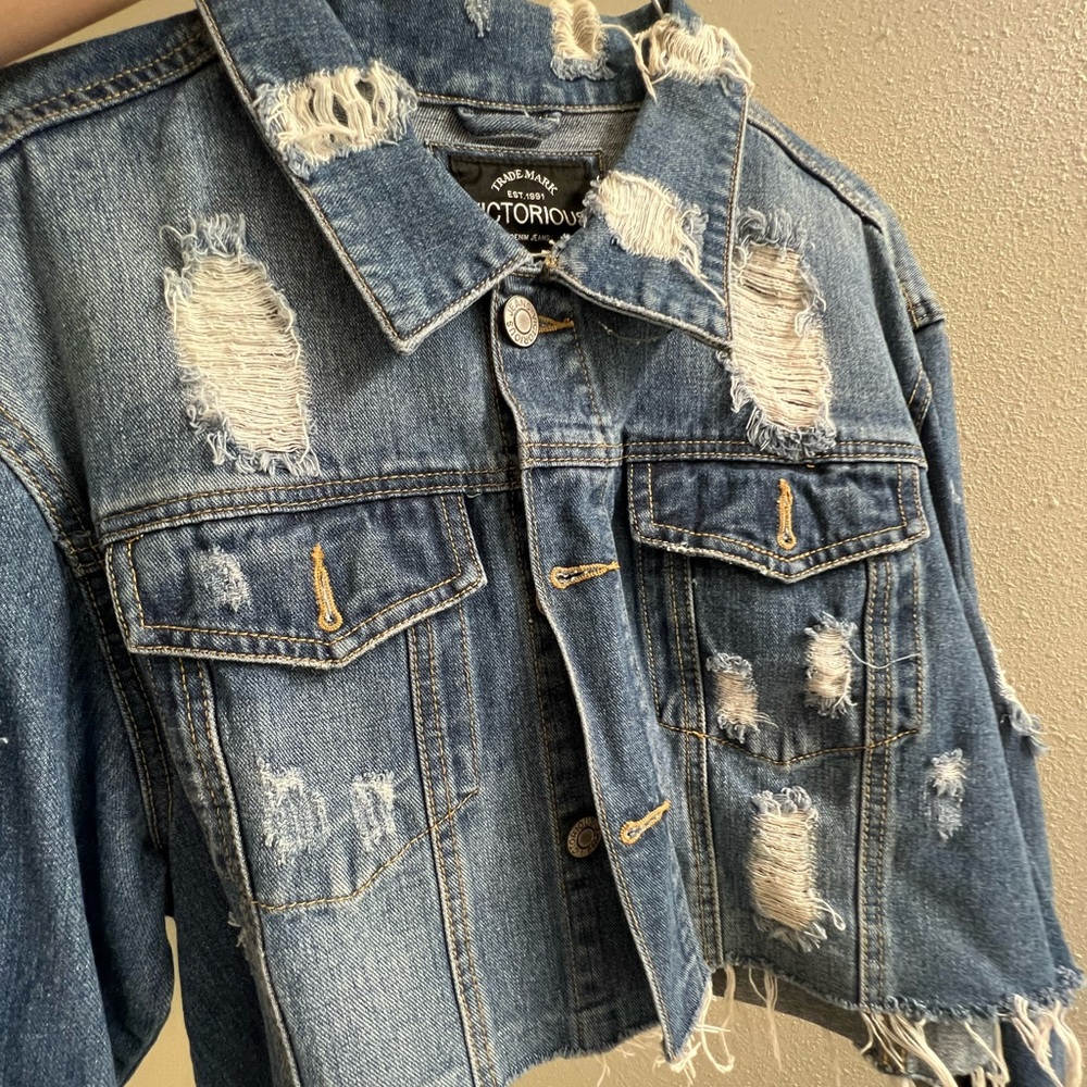 Cropped Distressed Denim Jacket